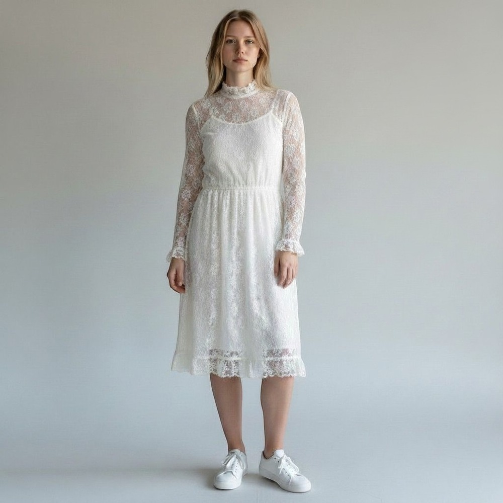 Vintage White Floral Lace High Neck Midi Dress Long Sleeve‎ Bridal Cottagecore